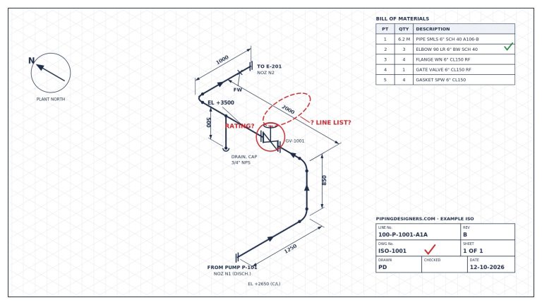 Piping isometric drawing with checker's red markups on a dimension and a valve rating