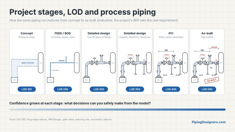 The same piping run developing from a routing envelope at LOD 100 to a field-verified as-built at LOD 500, with real pipe and fittings from LOD 300